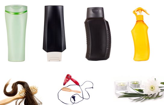 assortment of cosmetics for the hair. Hair dryer, hairbrush