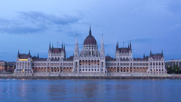 evening shot of parliament building in the budapest, hungary