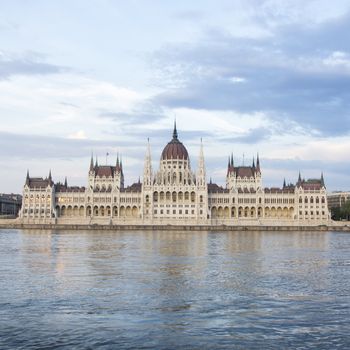 evening shot of parliament building in the budapest, hungary