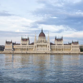 evening shot of parliament building in the budapest, hungary