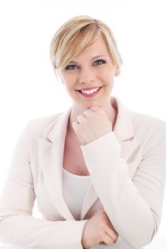 Confident happy young businesswoman with a lovely fresh smile isolated on white