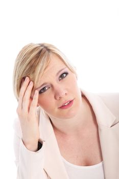 Closeup shot of a pretty female model looking stressed, placed her hand on the forehead, Portrait of blond woman, holding her head, thinking. Isolated on white