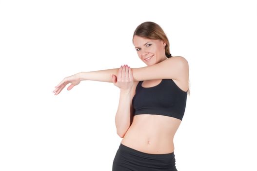 Beautiful woman doing exercises, isolated on white