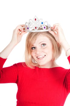 Portrait of beautiful woman with crown isolated on white