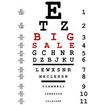 Big sale advertising with optical eye test used by doctors