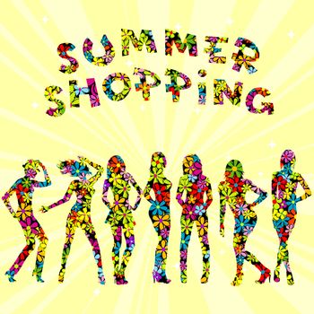 Summer shopping advertising with flowers patterned women silhouette