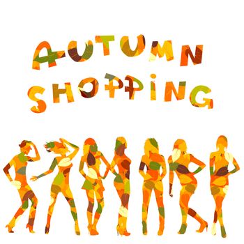 Autumn shopping advertising with falling leaves patterned women silhouettes