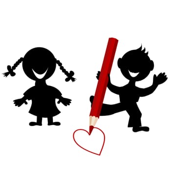 Background with children silhouettes drawing a heart