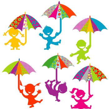 Background with kids playing with colored umbrellas