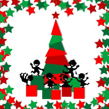 Christmas card with kids playing around a Christmas tree