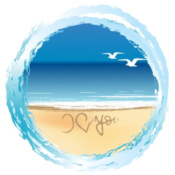 Illustration with I love you drawn on the beach shore