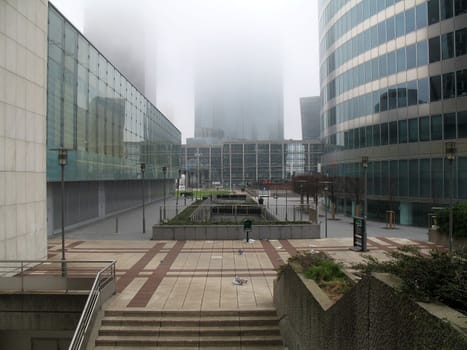 modern business district on a misty day