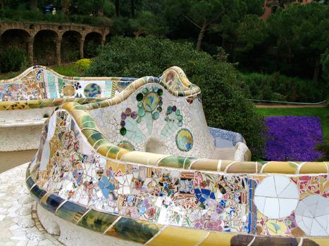 close up of the mosaic bench in Park Guell, Barcelona, Spain