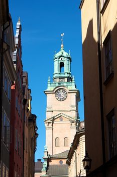 The Great Church tower in Gamla Stan versus the sky