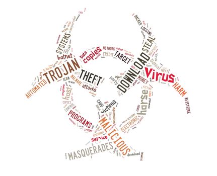 Tag cloud of internet dangers concept with biohazard shape