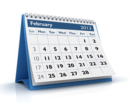 3D desktop calendar February 2013 in color background