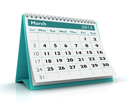 3D desktop calendar March 2013 in color background