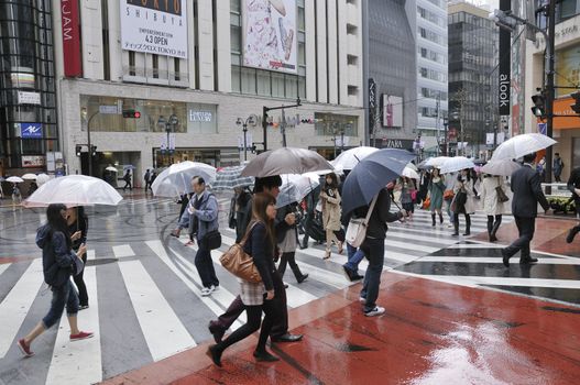 TOKYO, JAPAN -APRIL 23, 2011 : people cross over street in Tokyo Shibuya area under rain. Shibuya district is very famous for it's fashion shops and crowds of young people.