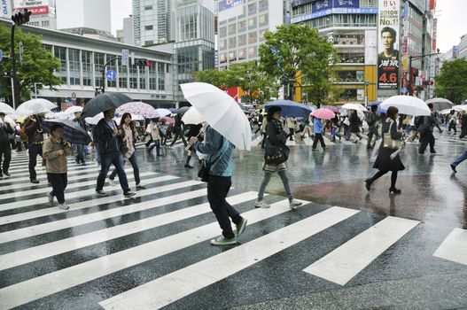 TOKYO, JAPAN -APRIL 23, 2011 : people cross over famous Tokyo Shibuya crossing under rain. Shibuya crossing is known as biggest and most crowded in the world.
