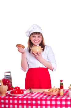 attractive woman keeps a pot of food, white background