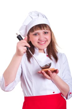 attractive woman keeps a ladle, white background