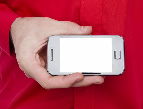 man with red shirt showing blank white screen smart phone
