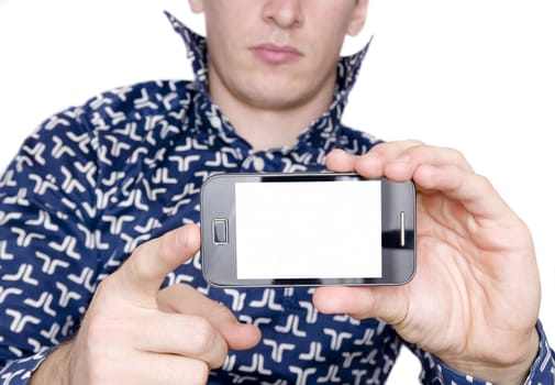 man with shirt showing smart mobile phone with blank screen