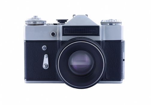 Old film photo camera isolated over white background