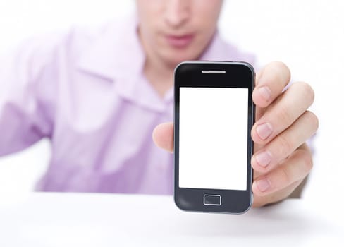 young business man showing mobile smart phone