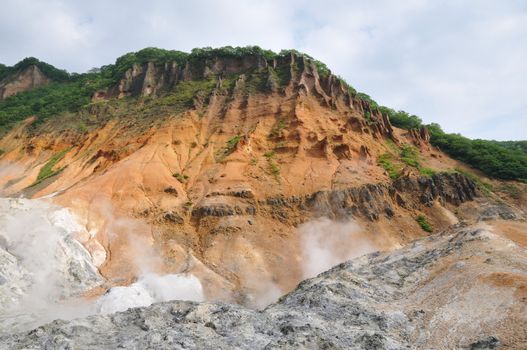 famous natural hot springs area Jigokudani (hell valley) at  Noboribetsu resort in Hokkaido Japan