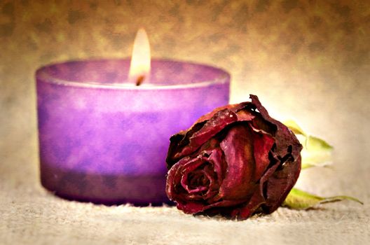  red rose and candle in the background with canvas effect