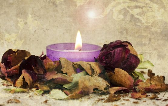 poetic composition with faded rose and candle