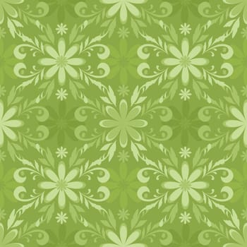 Seamless floral background, green symbolical silhouettes and contours flowers.