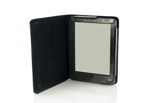 ereader in leather case isolated on white