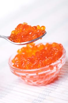 Close up of red tasty caviar in a glass jar with spoon