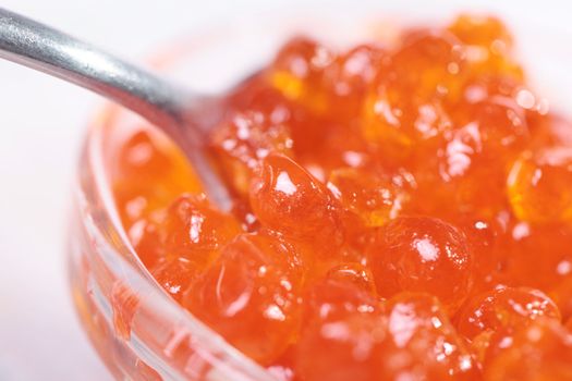 Close up of red tasty caviar in a glass jar with spoon