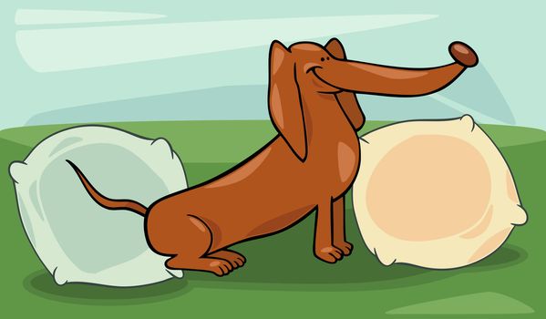 Cartoon Illustration of Funny Dachshund Dog Sitting on Bed with Pillows