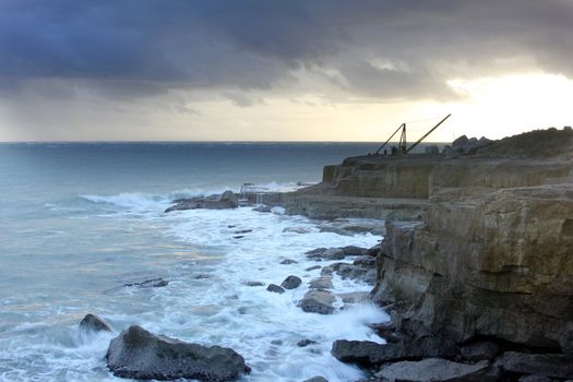 An Old Portland stone quary crane Portland Bill on Portland in Dorset