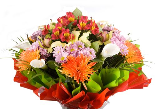 Big and beautiful bouquet of different flowers on a white background