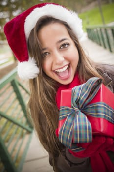 Pretty Festive Smiling Woman Wearing a Christmas Santa Hat with Wrapped Gift and Bow Outside.