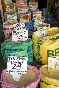 May 2012 - Bogo City, Ceb u Island, Philippines - Sacks of animal feed for sale at an agricultural supply store in Bogo City, Cebu Island, Philippines. 