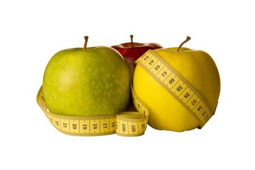 three apples and meter on a white background