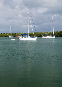 Yachts and boats moored in No Name Harbor in Bill Baggs Cape Florida State park Key Biscayne Miami