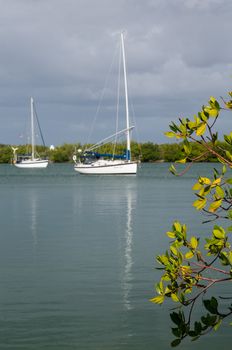 Yachts and boats moored in No Name Harbor in Bill Baggs Cape Florida State park Key Biscayne Miami