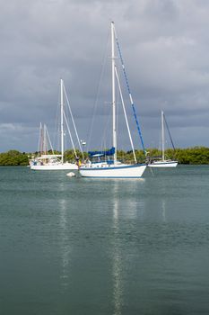 Yachts and boats moored in No Name Harbor in Bill Baggs Cape Florida State park Key Biscayne Miami