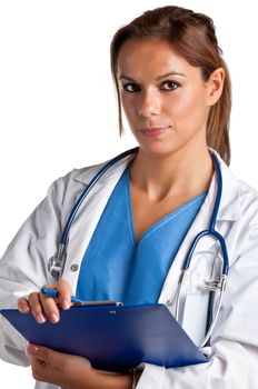 Young female doctor with a pad  and a stethoscope