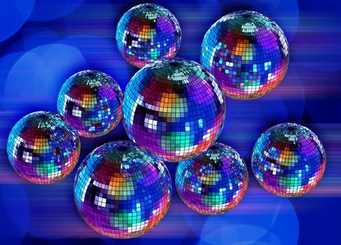 Colorful funky background with mirrored glitter disco balls for party