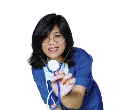 Kind nurse or doctor with stethoscope, ready to listen to heartbeat