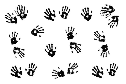 Black handprints made by children on white background.;