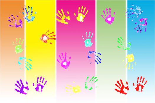 Actual handprints made by children on colorful background